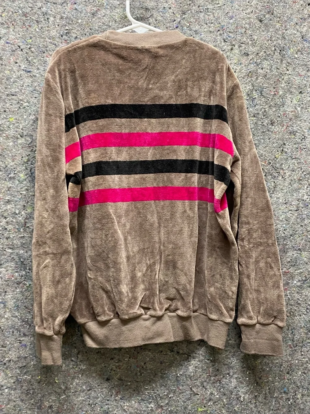 Retro Velour Sweatshirt Brown Kids Youth L-XL 70s/80s Pink/Black Stripes Crew